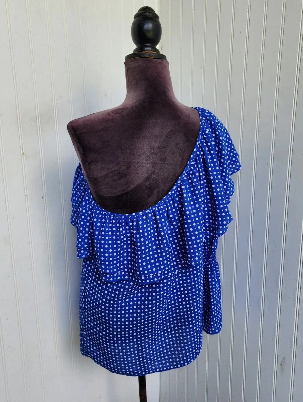 Michael Kors Royal Blue White Dots Ruffle One Shoulder Top Blouse Sz S - Picture 6 of 12